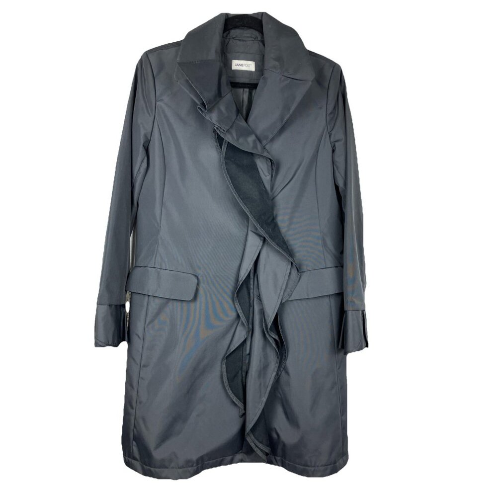 Jane Post Nylon Artsy Ruffle Snap Front Coat Black Rain Repellent
